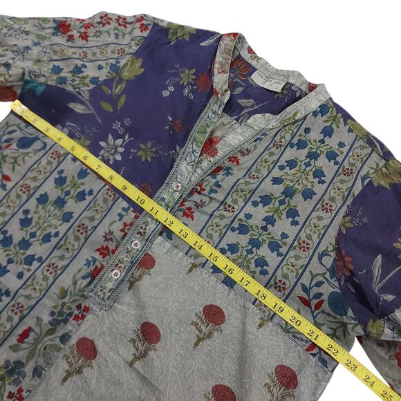 Vintage Goa Top Womens Large Gray Floral Roll Tan Sleeve Bohemian Lagenlook - Picture 11 of 12